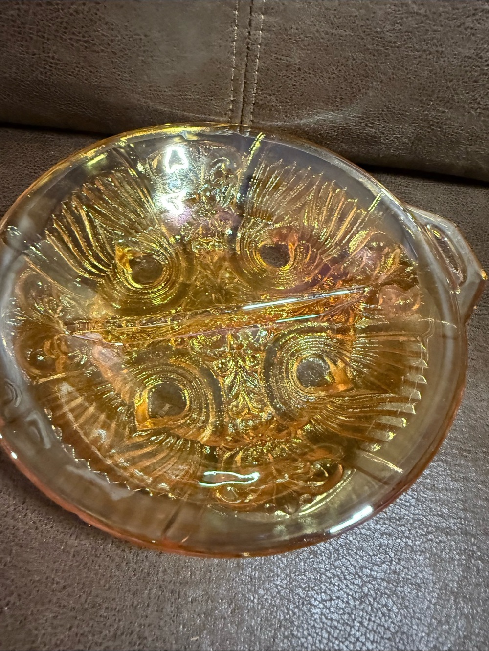 Vintage Indiana Glass Marigold Carnival Glass Divided Candy Bowl w/ Handle